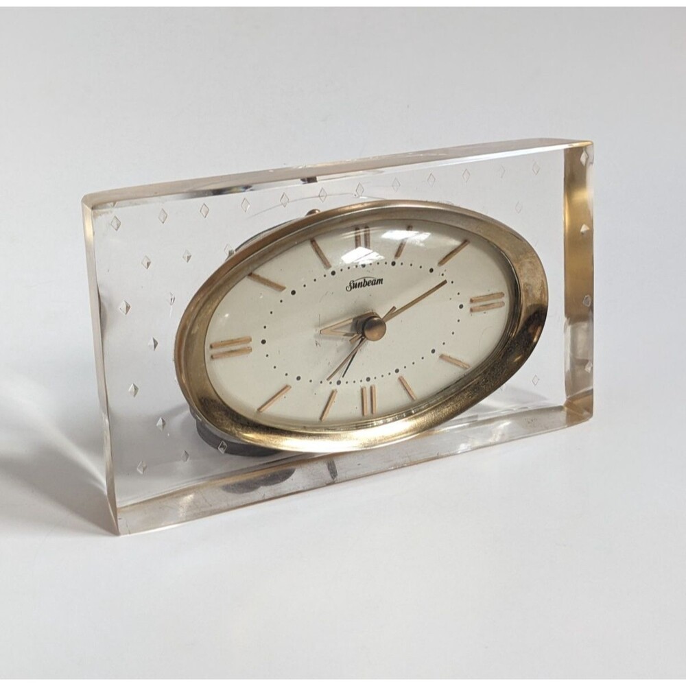 Vintage Sunbeam Lucite Bedside Clock‎ Model B008 Hollywood Regency Glam Gold